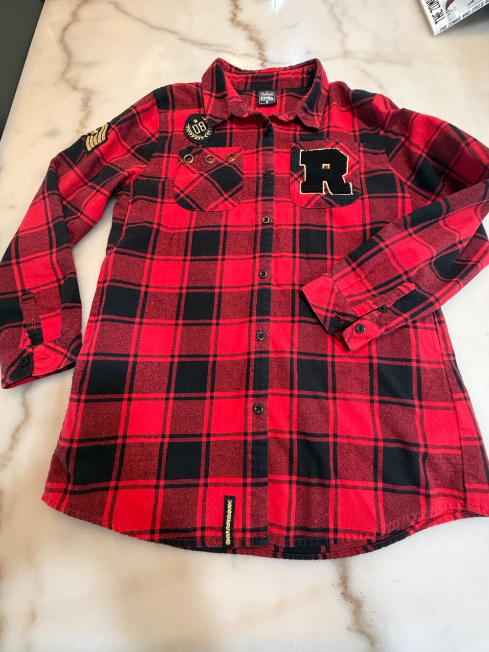 Men's Red and Black Plaid Button-Down Shirt - Casual Patch Detail
